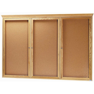 AARCO Enclosed Bulletin Board with Oak Frame and Crown Molding