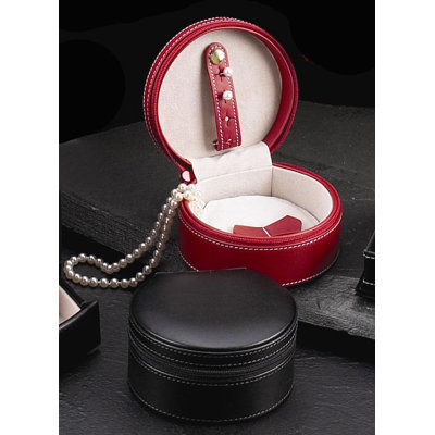 Small Round Jewelry Case in Black Leather