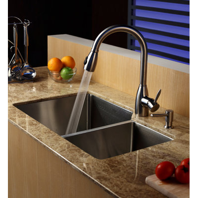 Kraus Undermount 32" Double Bowl 70/30 Kitchen Sink with Faucet and Soap Dispenser