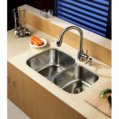 Kraus  Stainless Steel Undermount 32" Double Bowl Kitchen Sink with Pull-Out Kitchen Faucet and Soap Dispenser