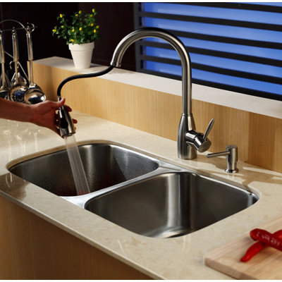Kraus 32 inch Undermount Double Bowl Stainless Steel Kitchen Sink with Kitchen Faucet and Soap Dispenser