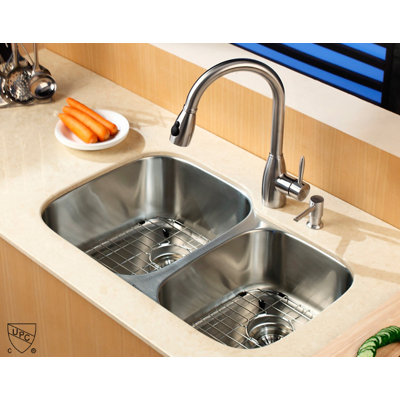 Kraus  Stainless Steel Undermount 32" Double Bowl Kitchen Sink with Pull-Out Kitchen Faucet and Soap Dispenser