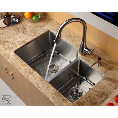 Kraus Undermount 32" Double Bowl 70/30 Kitchen Sink with Faucet and Soap Dispenser