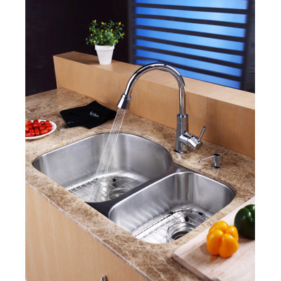 Kraus 32" Undermount 70/30 Double Bowl Kitchen Sink with 14.9" Faucet and Soap Dispenser