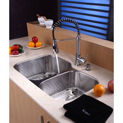 Kraus 32" Undermount 60/40 Double Bowl Kitchen Sink with 20" Faucet and Soap Dispenser
