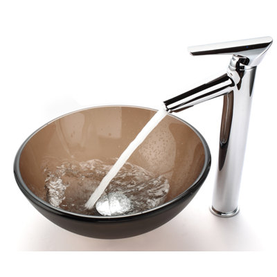 Kraus Frosted Glass 14" Vessel Sink and Decus Bathroom Faucet in Chrome