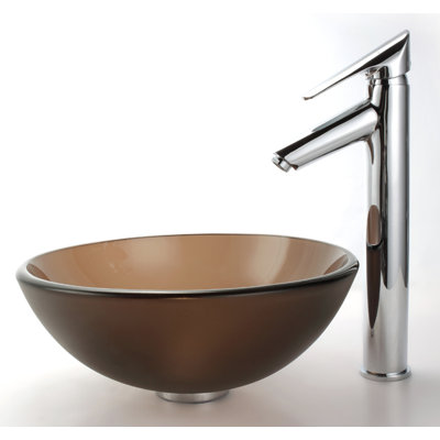 Kraus Frosted Glass 14" Vessel Sink and Decus Bathroom Faucet in Chrome
