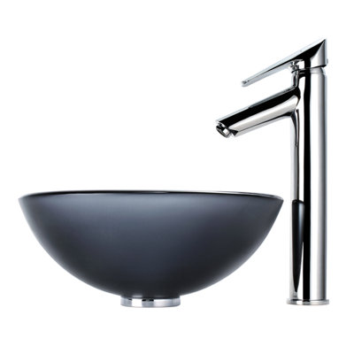 Kraus Frosted Glass 14" Vessel Sink and Decus Bathroom Faucet in Chrome