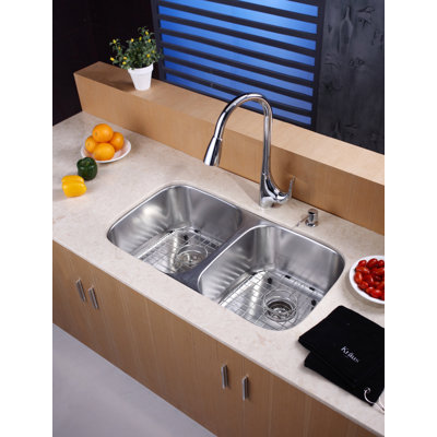 Kraus 32" Undermount 50/50 Double Bowl Kitchen Sink with 18.5" Faucet and Soap Dispenser