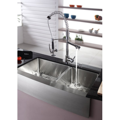 Kraus Farmhouse 36" Double Bowl Kitchen Sink with Faucet and Soap Dispenser