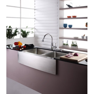 Kraus Farmhouse 36" 70/30 Double Bowl Kitchen Sink with Faucet and Soap Dispenser
