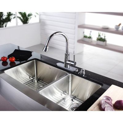Kraus Farmhouse 36" 70/30 Double Bowl Kitchen Sink with Faucet and Soap Dispenser