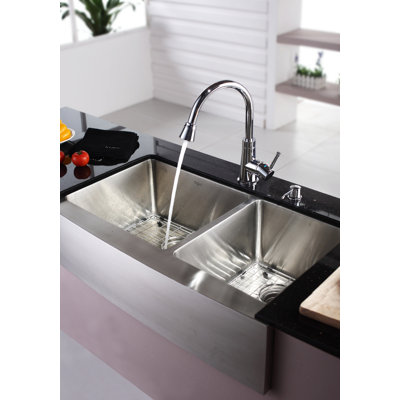 Kraus Farmhouse 36" 70/30 Double Bowl Kitchen Sink with Faucet and Soap Dispenser