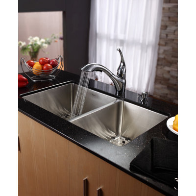 Kraus 33" Undermount 70/30 Double Bowl Kitchen Sink with 11" Faucet and Soap Dispenser