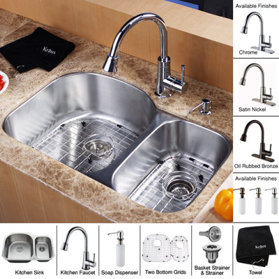 Kraus 32" Undermount 70/30 Double Bowl Kitchen Sink with 14.9" Faucet and Soap Dispenser