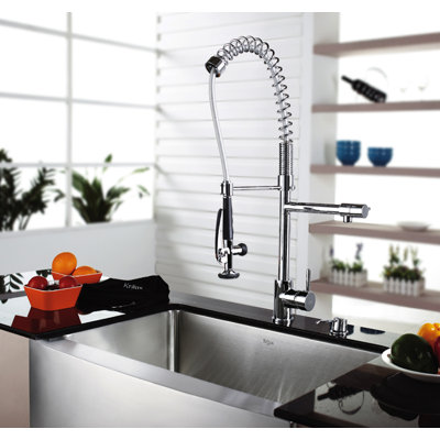 Kraus Three Handle Single Hole Bar Faucet with Soap Dispenser and Pull Out Sprayer