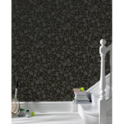 Graham & Brown Barbara Hulanicki Flock Skulls Wallpaper in Black
