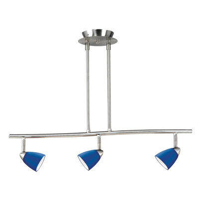 Serpentine Three Light Track Light with Blue Glass in Brushed Steel