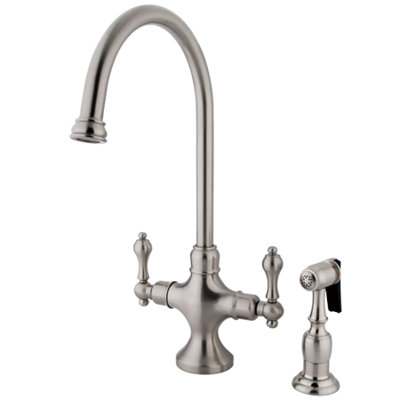 Elements of Design Classic Double Handle Single Hole Kitchen Faucet with Metal Lever Handles and Brass Side Spray