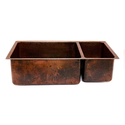 Premier Copper Products 33" Copper Hammered 75/25 Double Bowl Kitchen Sink in Oil Rubbed Bronze