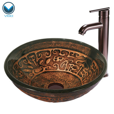 Vigo Copper Mosaic Glass Vessel Sink with Faucet in Oil Rubbed Bronze