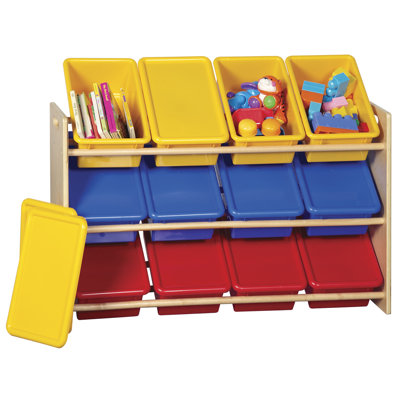 ECR4kids 3-Tier Wood Rack w/12 Assorted Color Bins & Lids