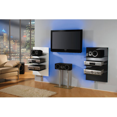 VCM Xeno-3 Wall Furniture with 3 Glass Shelves and Media Storage in Black Varnish / Clear Glass
