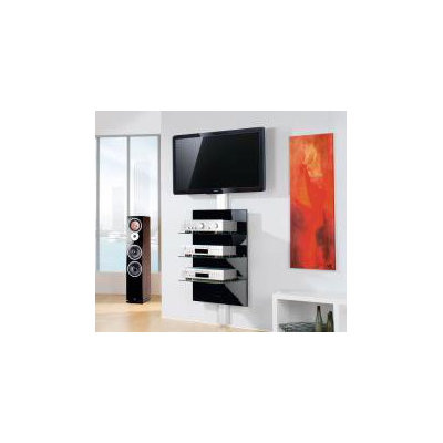 VCM Xeno-3 Wall Furniture with 3 Glass Shelves and Media Storage in Black Varnish / Clear Glass