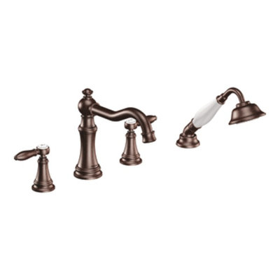 Moen Weymouth Double Lever Handle Diverter Roman Tub Faucet with Hand Shower