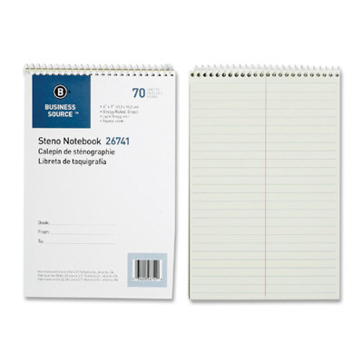 Business Source Wirebound Steno Notebooks, Greg Ruled, 6"x9", 70 Sheets, Green Paper