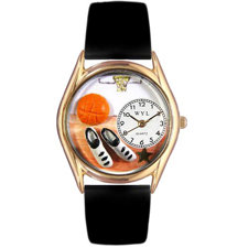 Whimsical WatchesWomen\'s Basketball Black Leather and Gold Tone Watch-image